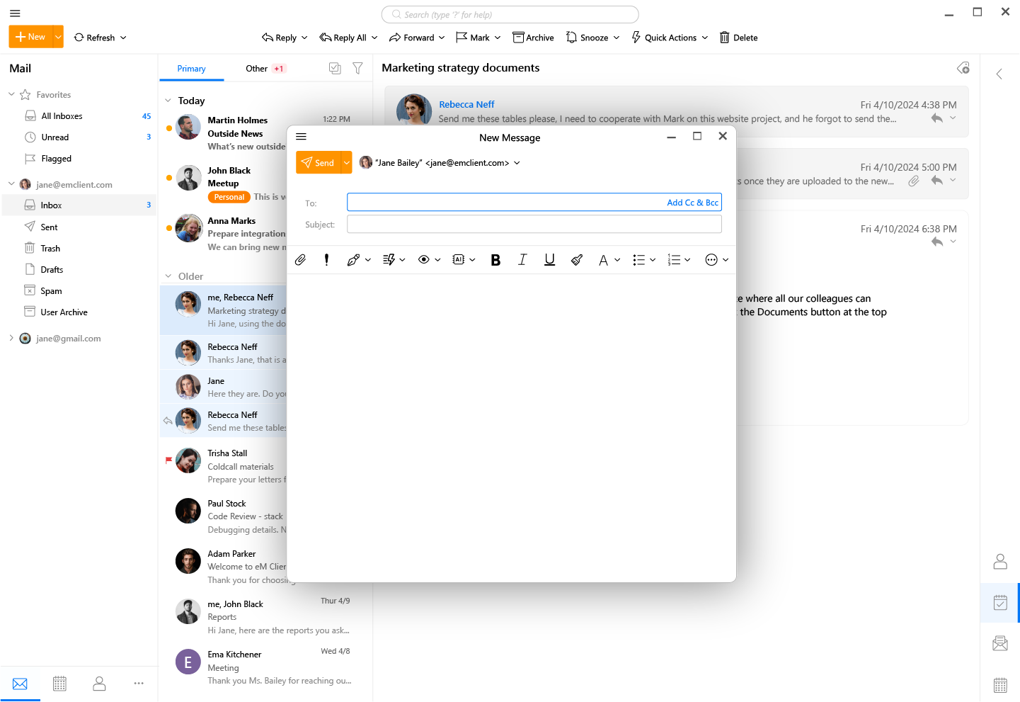 eM Client 편지 작성 화면